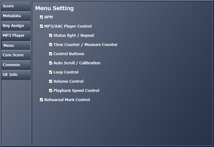 Configuração do menu do 'Score Viewer'
