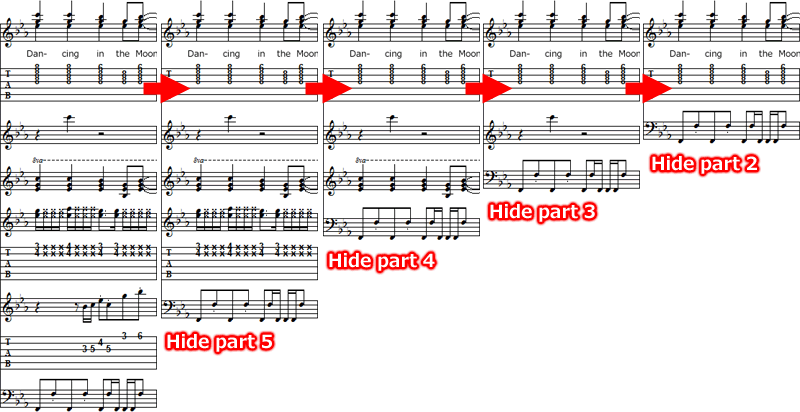 Пример музыкальной партитуры, отображаемой переключением на единицу партии