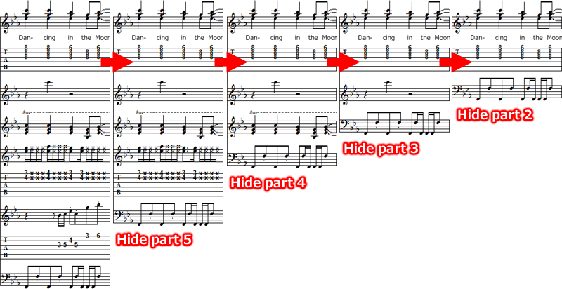 Beispiel für eine Musikpartitur, die durch Umschalten auf Part Unit angezeigt wird